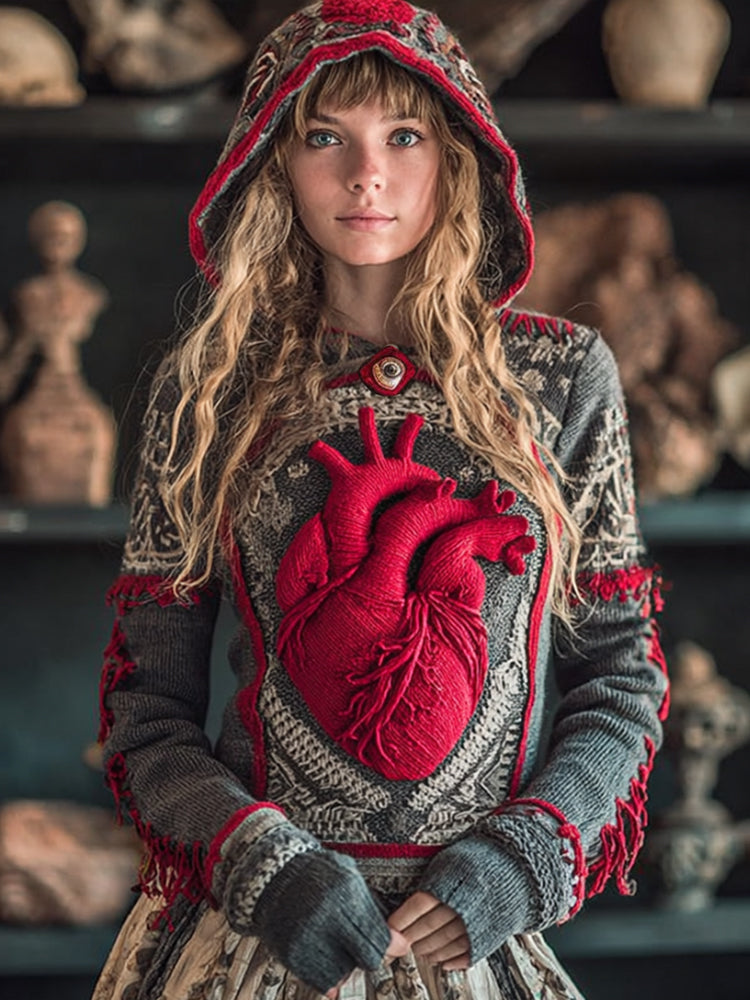 Women's Halloween Anatomy And Heart Art Grey Hooded Sweater artswardrobe
