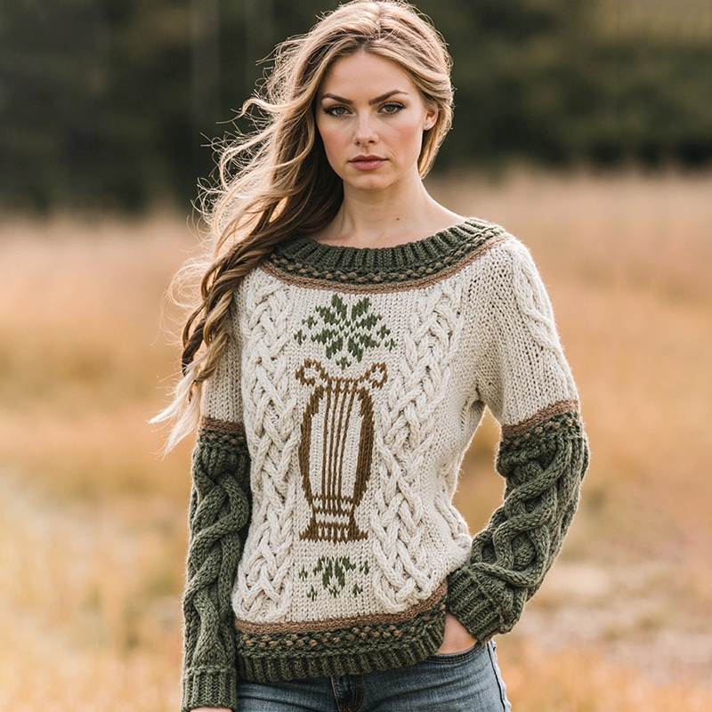 Women's Irish Celtic Knot Harp Jacquard Sweater artswardrobe