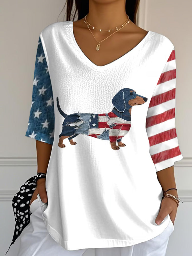 Comstylish Women's Casual Independence Day Flag Puppy Graphic V-neck T-shirt