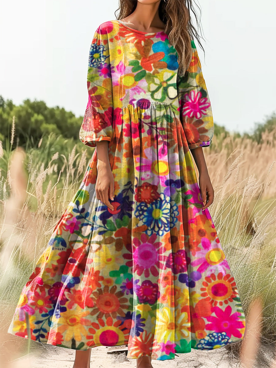 Women's Bohemian Floral Art Print Flowy Cotton Crew Neck Dress