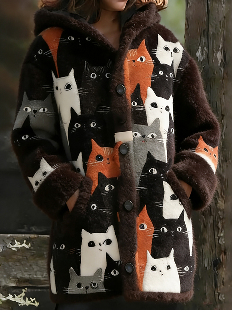 Comstylish Interesting Cat Winter Warm Lady Flannel Long Coat
