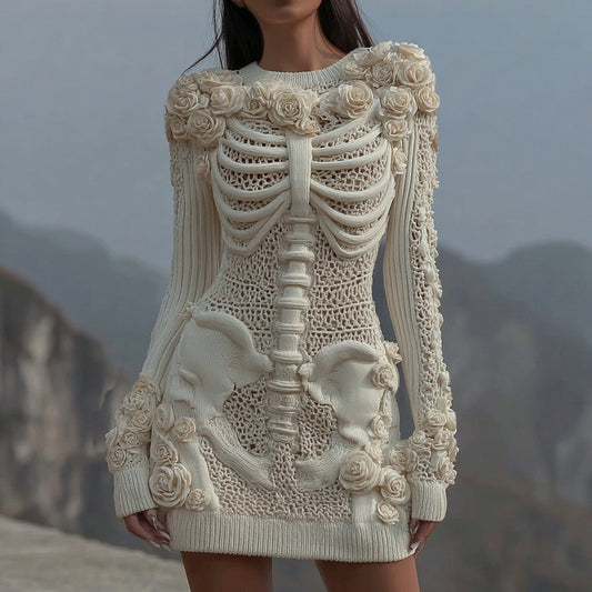 Women's Vintage White Rose Skull Cozy Knit Mini Sweater Dress artswardrobe