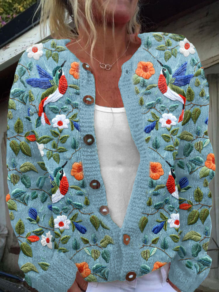 Floral Hummingbird Embroidery Art Cozy Knit Cardigan artswardrobe