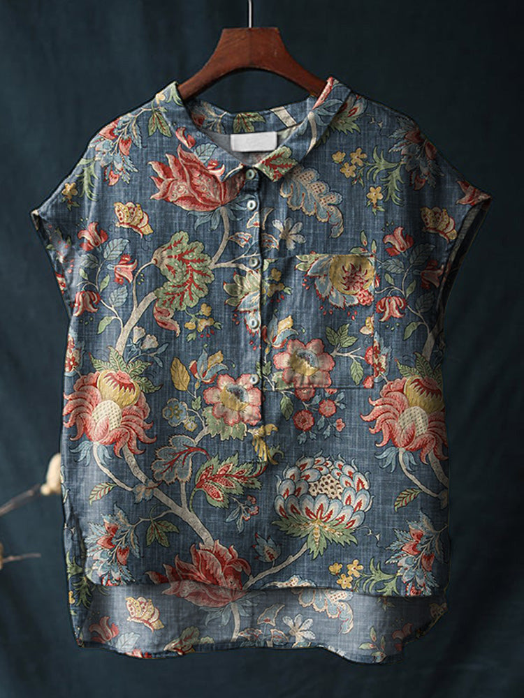 Women's Floral Print Casual Cotton And Linen Short-Sleeved Shirt