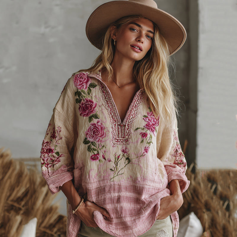 Comstylish Love & Health Collection Retro Western Women Style Vintage Gradient Pink Striped And Floral Patchwork Art Linen Shirt