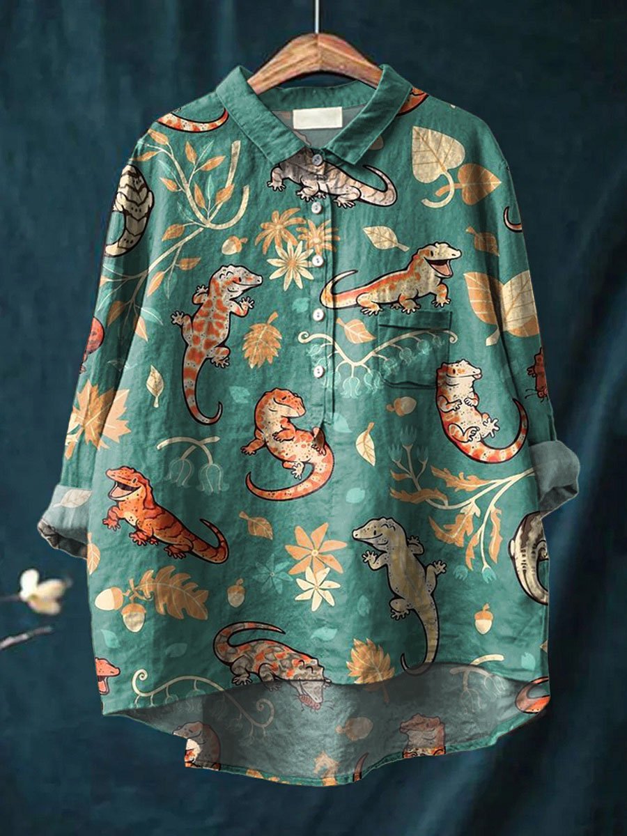 Vintage Lovely Geckos Art Print Casual Cotton And Linen Shirt