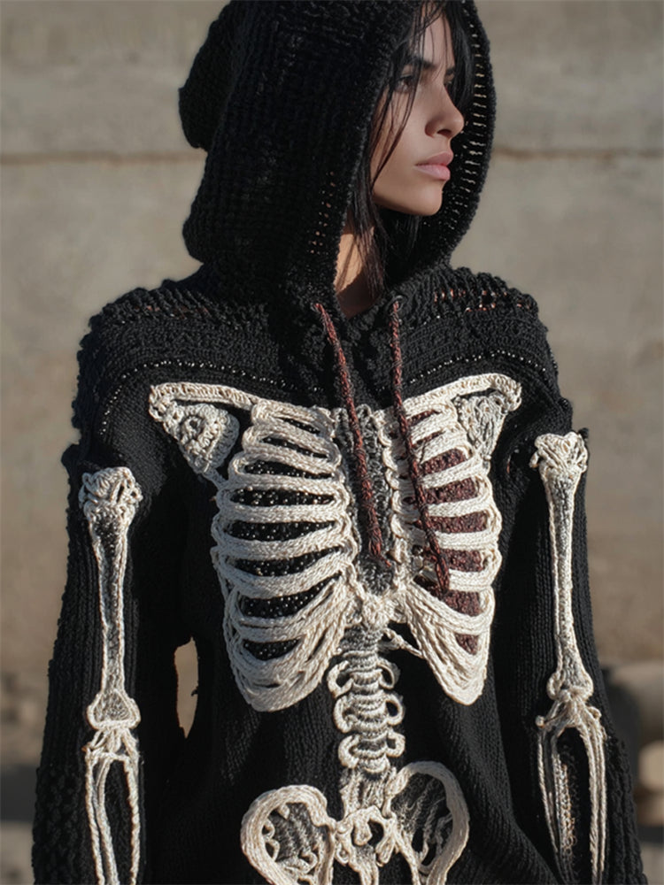 Vintage Skeleton Anatomy Beaded Hooded Cozy Knit Sweater artswardrobe