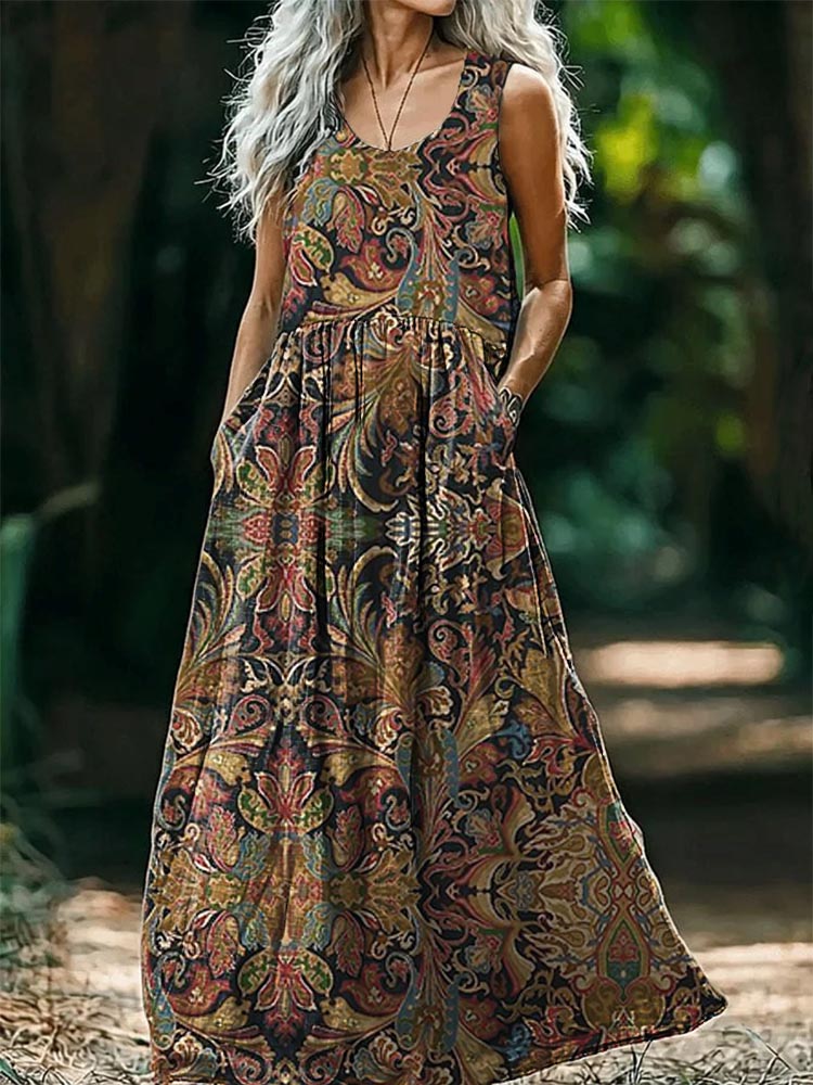 Women's Vintage Ethnic Floral Art Pattern Print Crew Neck Sleeveless C