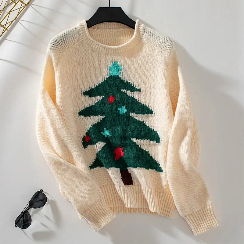 Ilona® | Warm knitted sweater with Christmas tree mouse print for women and crew neck