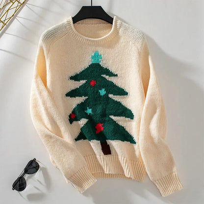 Ilona® | Warm knitted sweater with Christmas tree mouse print for women and crew neck