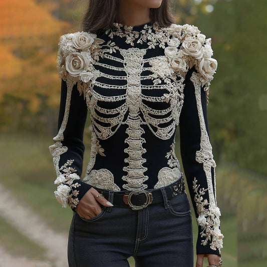 Women's Halloween Skeleton Bones With Roses Art Knitted Warm Sweater artswardrobe