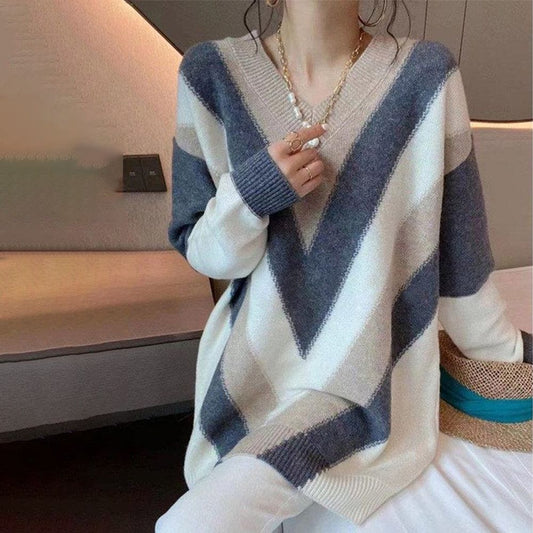 Fernanda® | Brown sweater with a V-neck and long sleeves