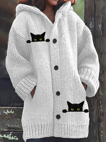 Comstylish Women's Casual Funny Black Cat Print Hood Sweater