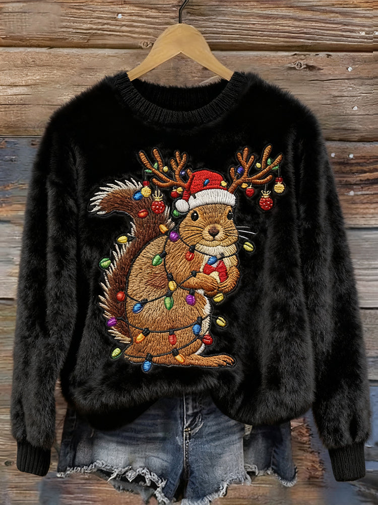 Comstylish Funny Christmas Squirrel Lights Embroidered Plush Sweater
