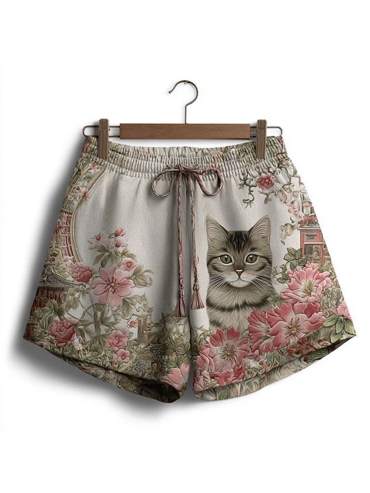 Comstylish Women's Casual Japanese Art Cat Print Short Pants