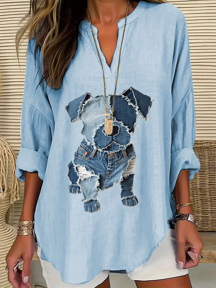 Women's Casual Funny Denim Dog Print T-shirt artswardrobe