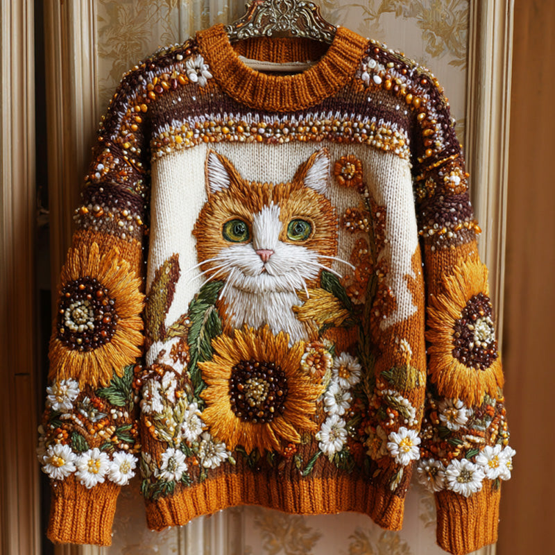 Women's Vintage Halloween Sunflower And Cat Embroidered Sweater artswardrobe