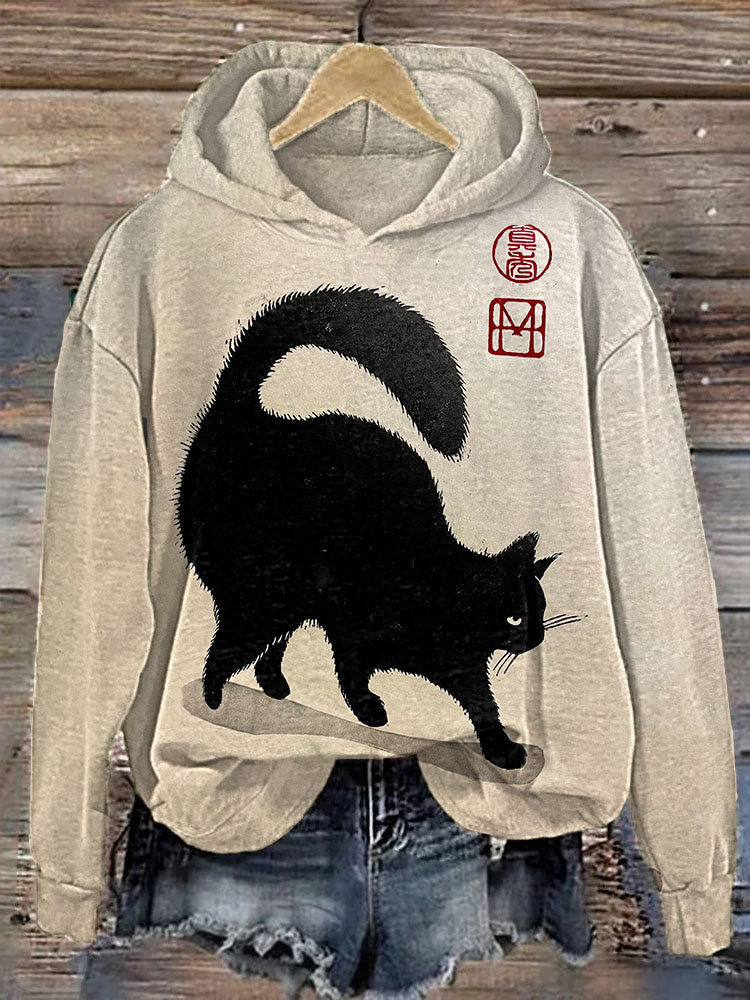 Japanese Inspired Cat Print Casual Hoodie elevenforest