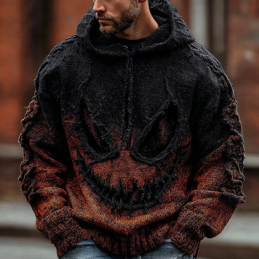 Men's Halloween Spooky Face Gradient Inspired Knitted Distressed Hooded Sweater artswardrobe