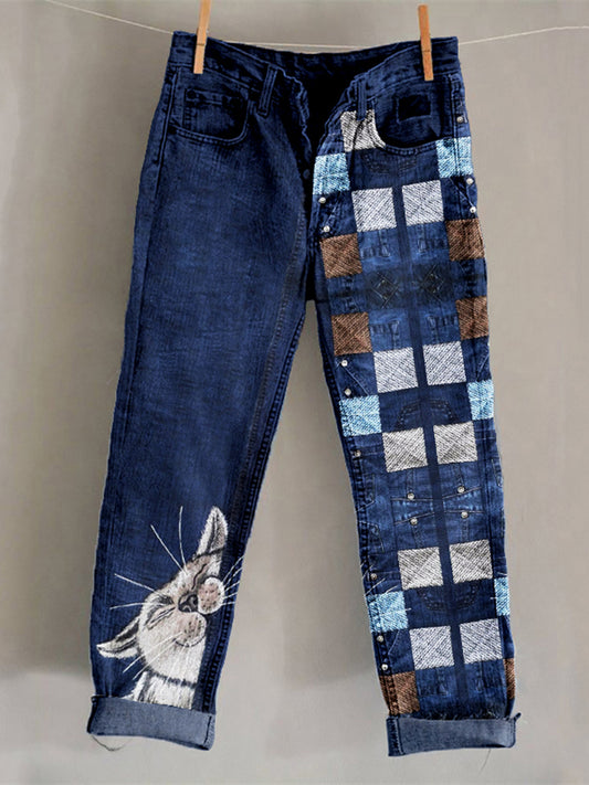 Cute Cats Patchwork Vintage Washed Jeans elevenforest