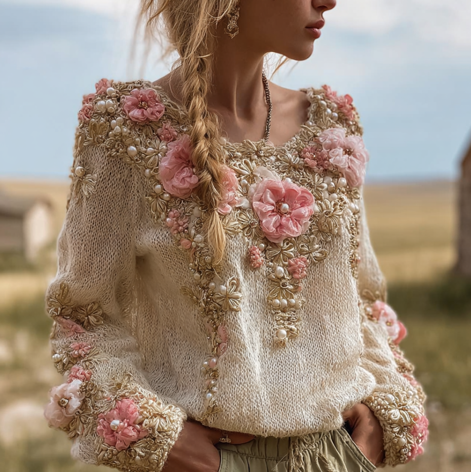 Bohemian Style Round Neck Long Sleeve 3d Floral Design Women's Sweater elevenforest