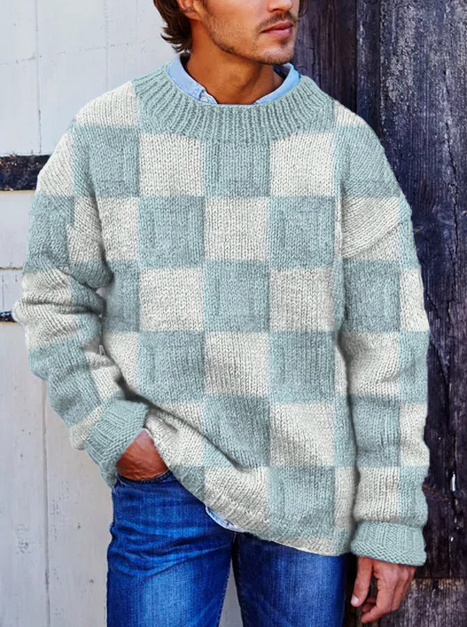 Vegan Mock Minimalist Knit Pullover Sustainable Plaid Patchwork Warmth Knitted Jacquard Unisex Sweater elevenforest
