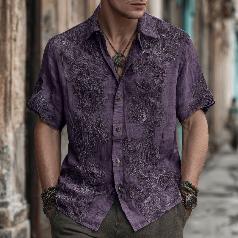 Men's Floral Lace Embroidered Vintage Linen Shirt artswardrobe