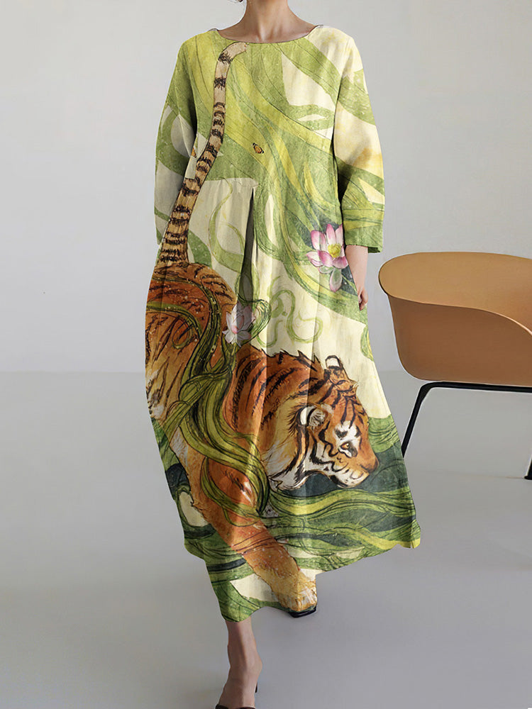 Tiger Plant Floral Art Pattern Women'S Dress