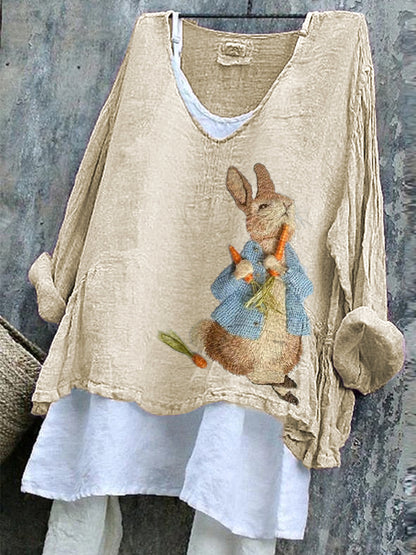 Cute Bunny Embroidery Pattern Cozy Linen Shirt artswardrobe