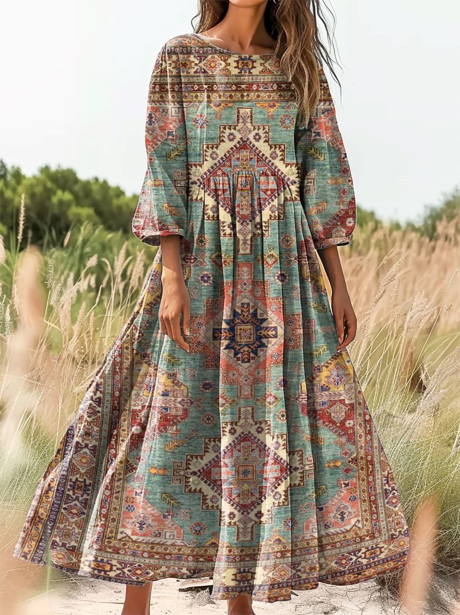 Women's Ethnic Tattoo Pattern Art Print Cotton Round Neck Dress