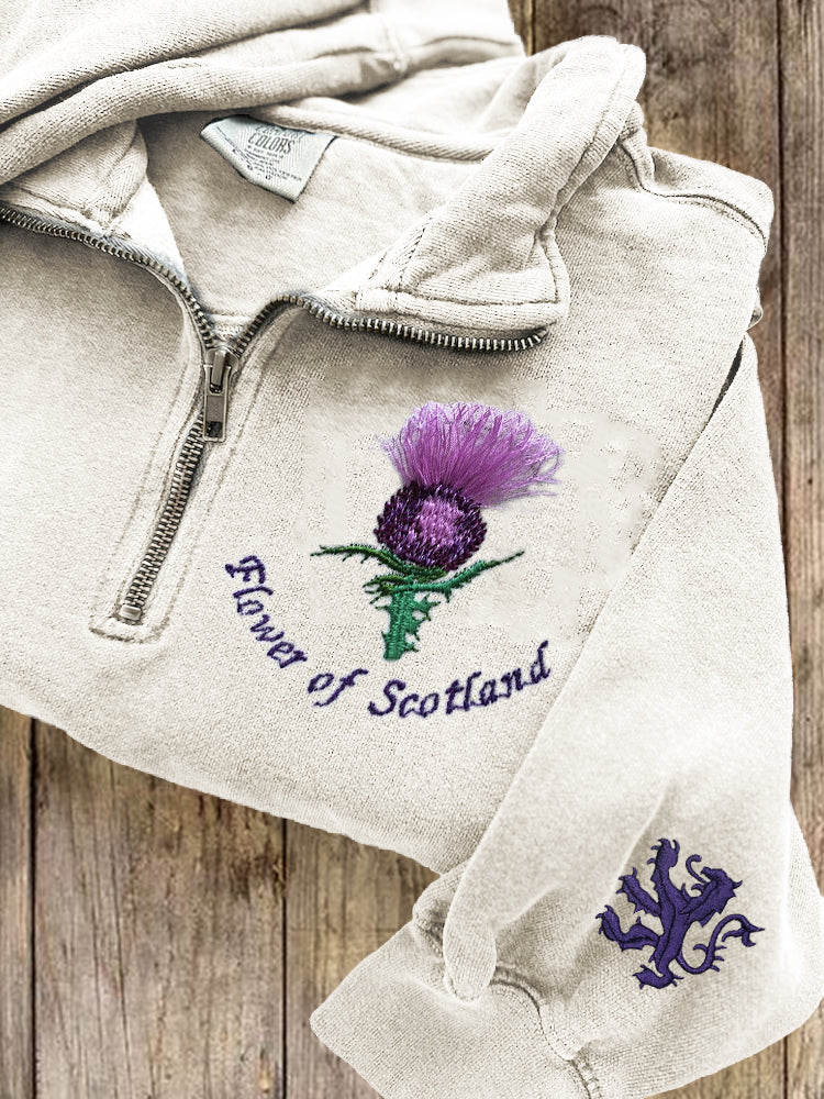 Comstylish Flower Of Scotland Thistle Fringe Embroidered Zip Up Sweatshirt