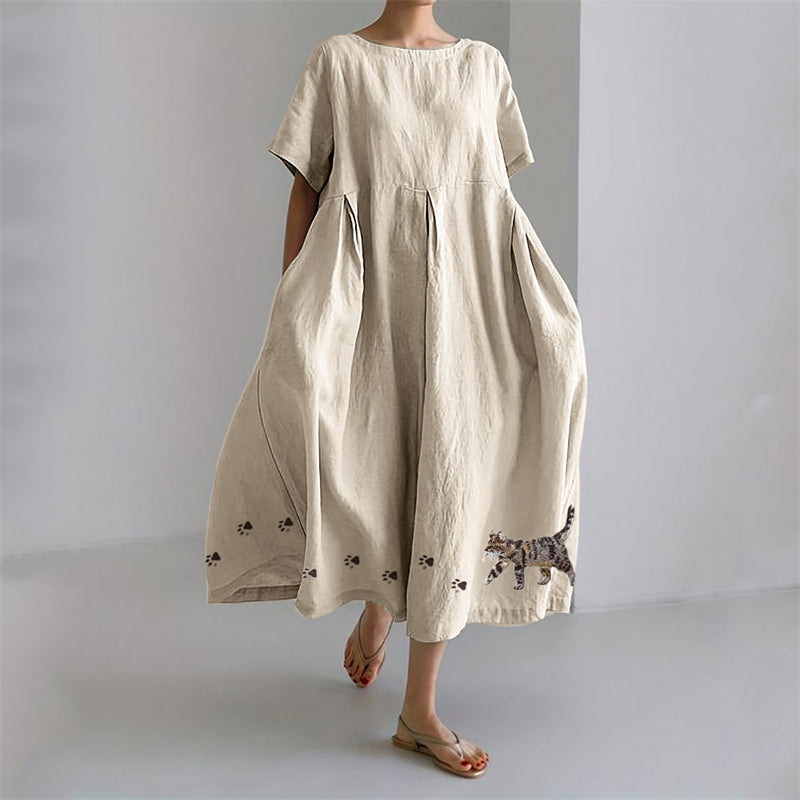 Cat & Paw Prints Embroidered Pleated Linen Blend Maxi Dress elevenforest