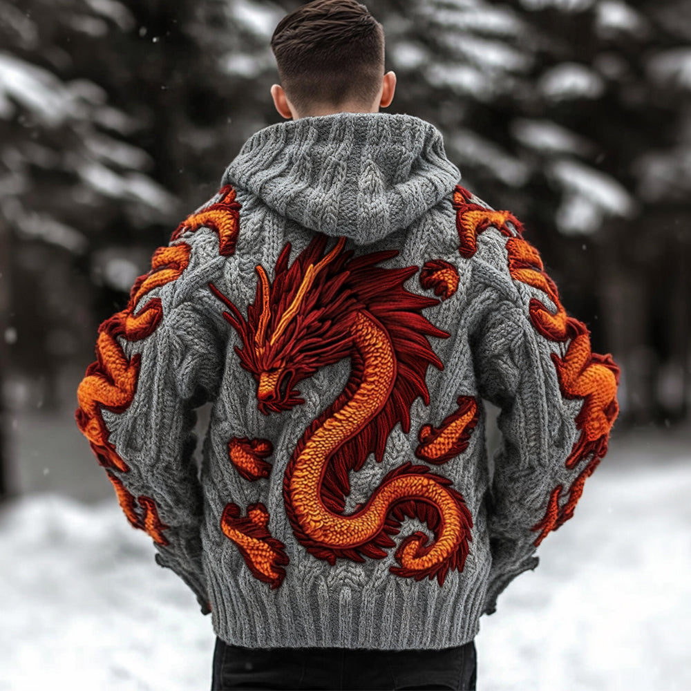 Men's Viking Dragon Celtic Thick Knit Zip-up Hooded Sweater elevenforest