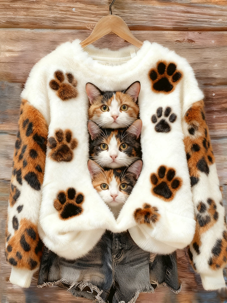 Comstylish Cute Little Cat Looking For Something Warm Round Neck Flannel Hoodie