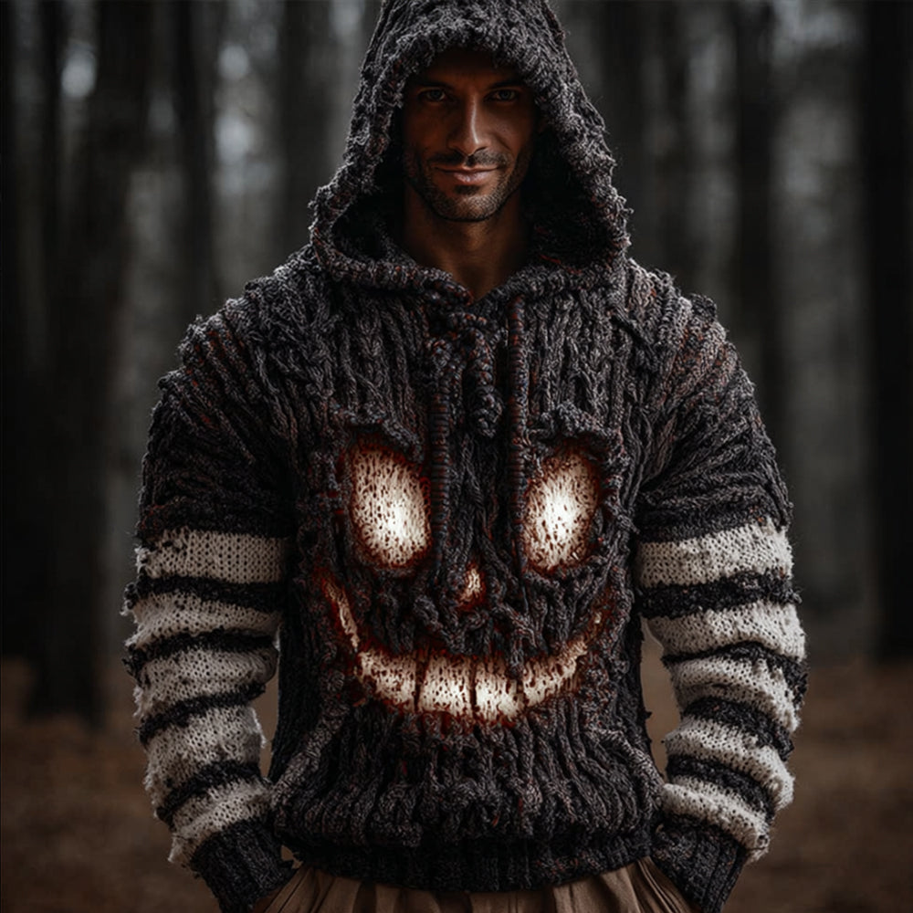 Men's Halloween Pumpkin Expression Black And White Spliced Striped Hooded Sweater artswardrobe
