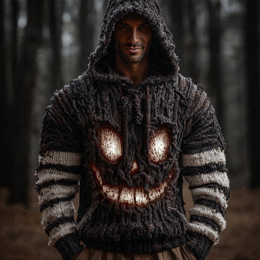 Men's Halloween Pumpkin Expression Black And White Spliced Striped Hooded Sweater artswardrobe