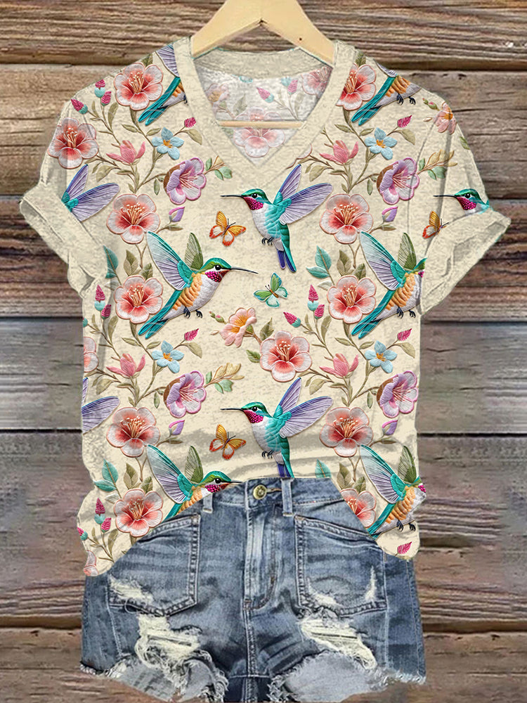 Hummingbird Floral Embroidery Pattern V-Neck T-Shirt artswardrobe
