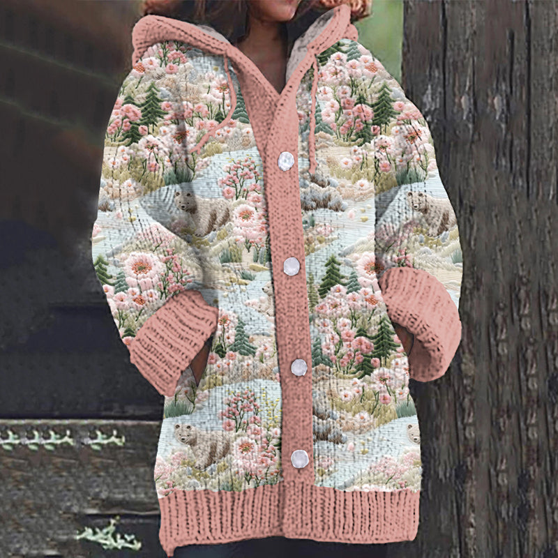 Bear And Floral Animal Print Women's Cardigan Sweater artswardrobe