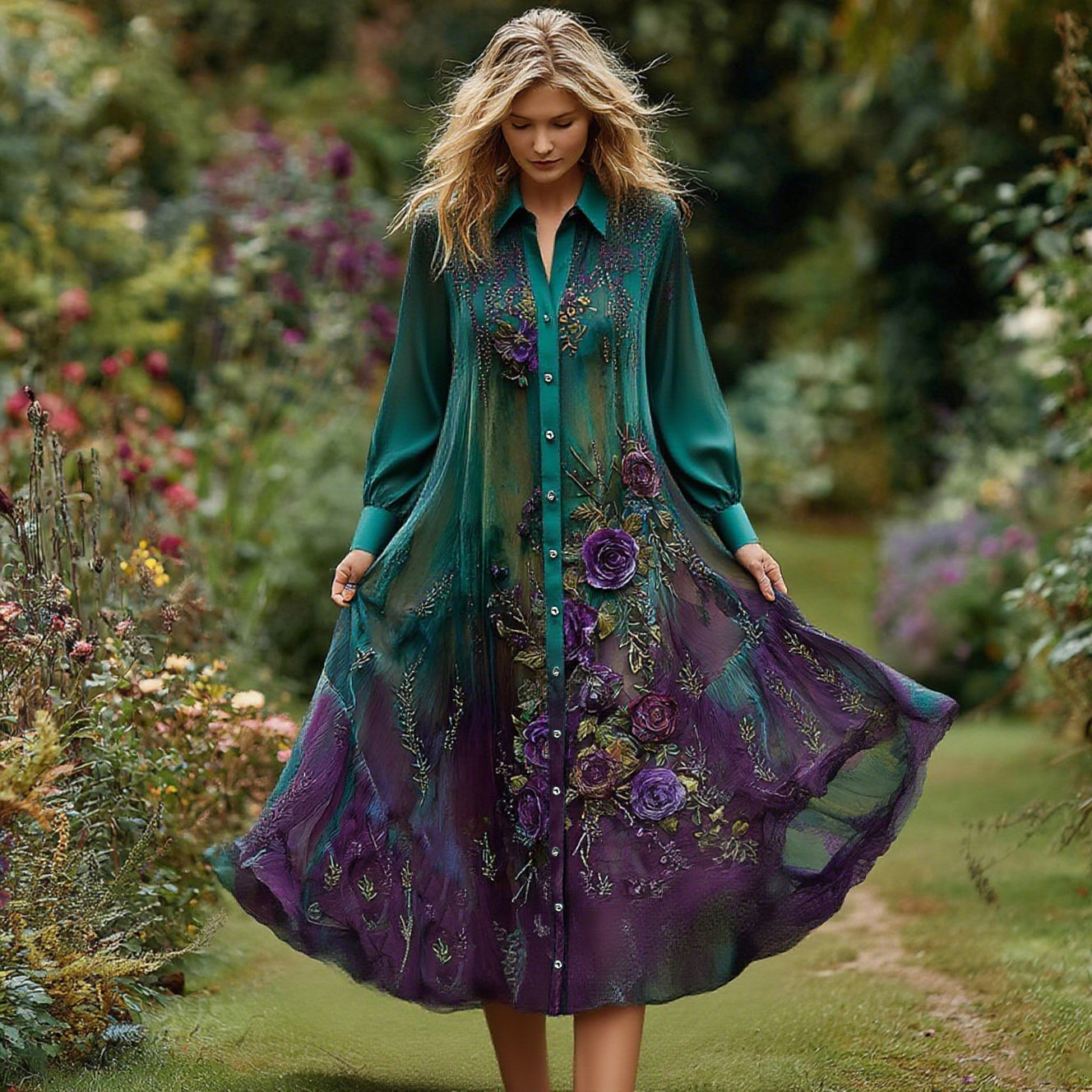 Women's Vintage Floral Embroidery Ombre Pattern Shirt Dress artswardrobe