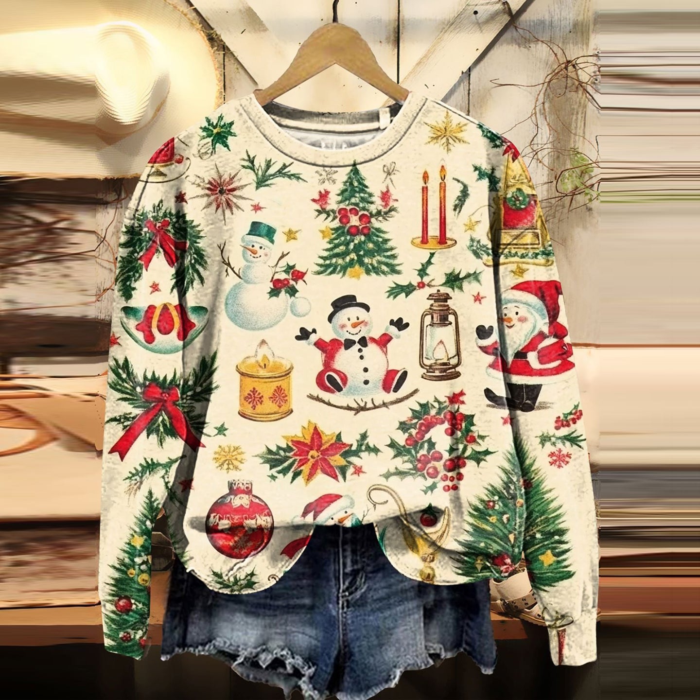 Comstylish Vintage Christmas Snowman Print Crew Neck Sweatshirt