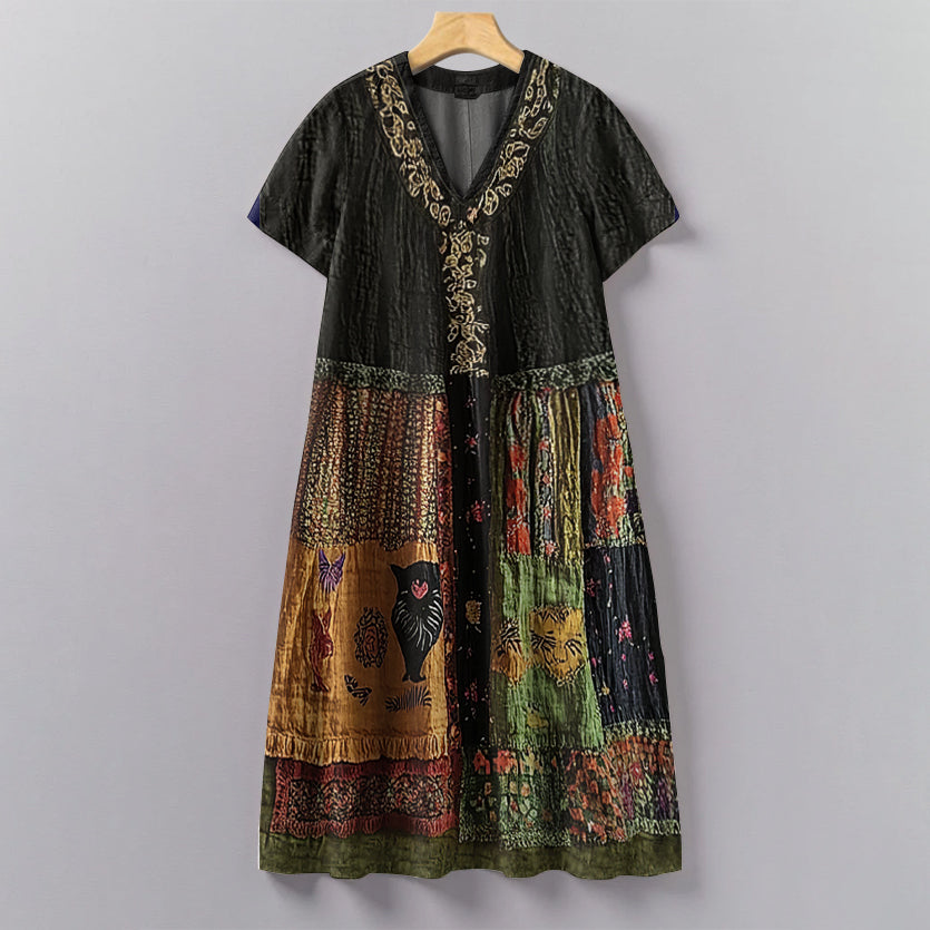 Women's Vintage Floral Cat Patch Art Comfort Dress artswardrobe