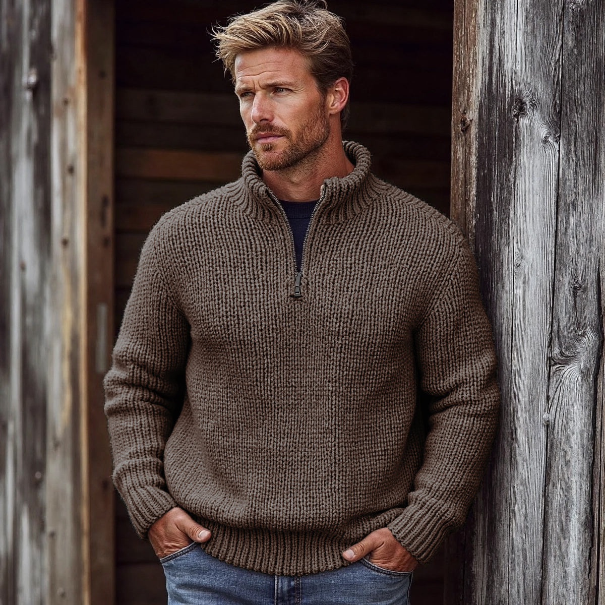 Men's Retro Solid Color Half Zip Collar Sweater elevenforest