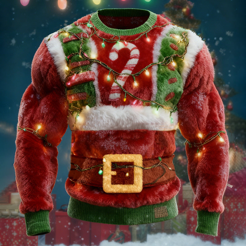 Comstylish Men's Santa Claus Overalls Lollipop Pattern Ugly Sweater