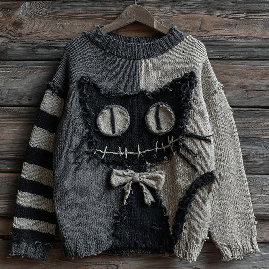 Halloween Black Cat Striped Knit Crew Neck Sweater elevenforest