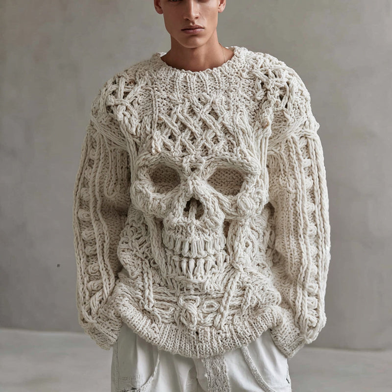 Maglione in cotone lavorato a maglia con teschio bianco