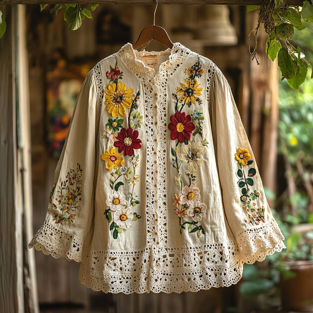 Comstylish Women's Vintage Embroidered Floral Lace Art Loose Blouse