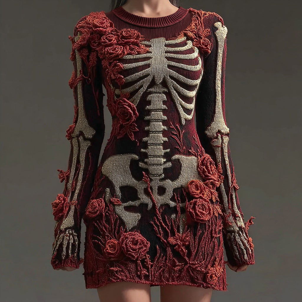 Women's Vintage Skull Rose Comfortable Elegant Sweater Dress artswardrobe