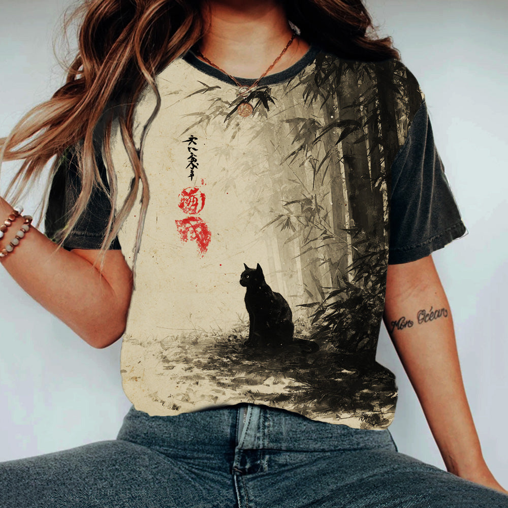 Comstylish Bamboo Forest Lonely Shadow Cat Lady Short-sleeved Round-neck Top
