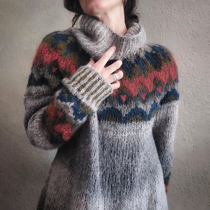 Women'S  Love Heart Graphic Jacquard Fairman Island Turtleneck Sweater elevenforest