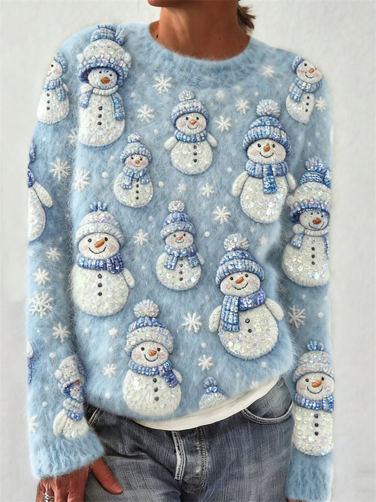Christmas Lovely Snowmen Snowflakes Embroidered Cozy Sweater